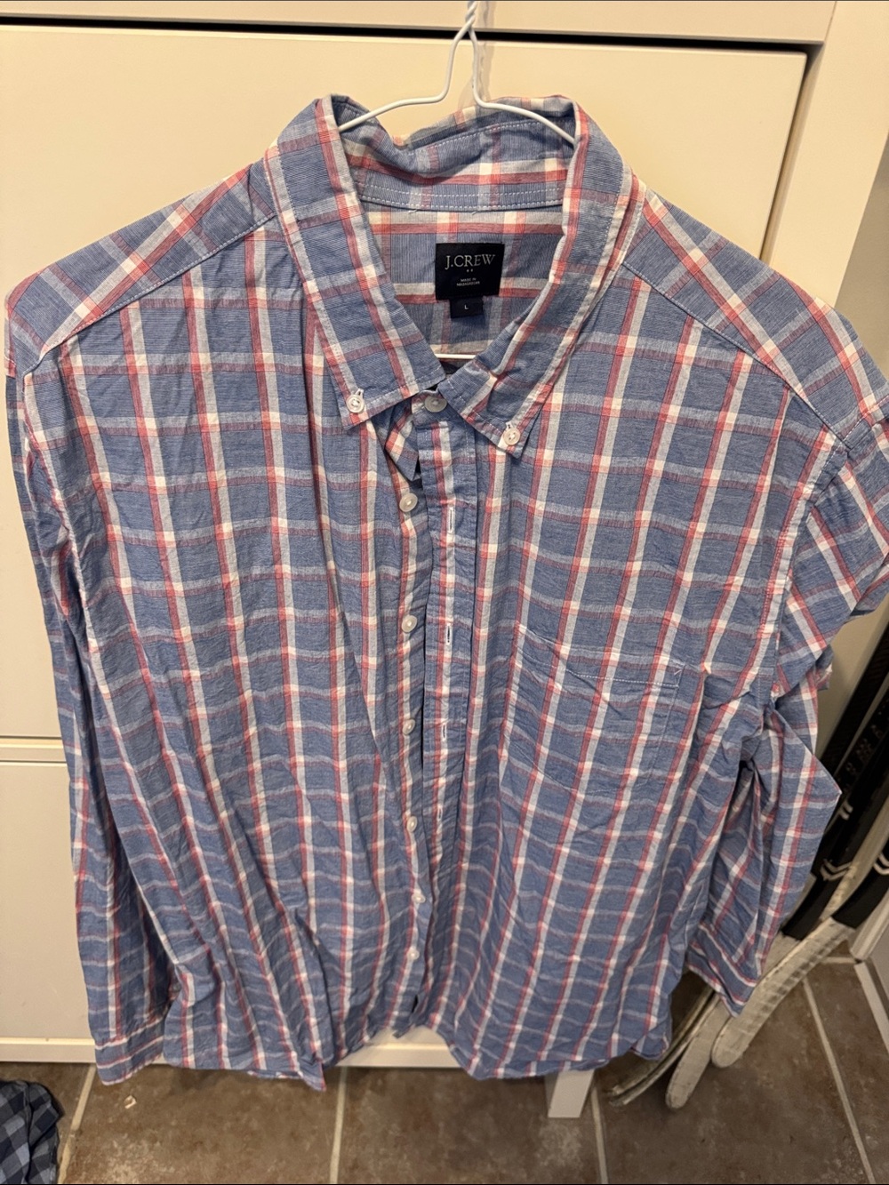 J. Crew Blue and White Plaid Button-Down Shirt with Red Accents